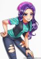 Stylish character with purple hair and a confident pose, showcasing modern street fashion and an edgy vibe.