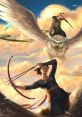 Epic fantasy scene featuring a warrior with a bow and a rider on a giant eagle soaring through colorful clouds.