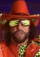 Macho Man in vibrant orange hat and neon sunglasses, promoting Slim Jim snacks with bold energy and charisma.