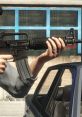 A character holds an assault rifle, ready for action in an urban setting with a car nearby.