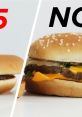 Comparison of two burgers highlighting quality differences, with labels '5' and 'NO' emphasizing McDonald's advertising theme.