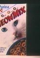 Meow Mix cat food advertisement featuring a white cat with striking blue eyes and a bowl of dry cat food.