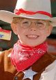 Milky Bar Kid in cowboy attire, smiling with a Milky Bar, themed for a nostalgic advert promoting the chocolate treat.