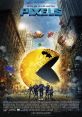 Pixelated characters and heroes battle in a vibrant cityscape from the movie 'Pixels' featuring Adam Sandler's comedic talent.