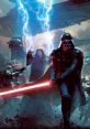 Darth Vader battles alongside Emperor Palpatine, wielding lightsabers amid chaos and lightning in a Star Wars scene.