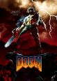 Doom video game artwork featuring a muscular hero with a chainsaw, surrounded by demons in a hellish landscape.