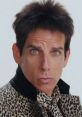 Ben Stiller as Derek Zoolander, showcasing his iconic blue steel pose in a leopard-print outfit with a confident expression.