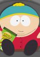 Eric Cartman sitting with a bag of Cheesy Poofs, showcasing his iconic red jacket and blue hat from South Park.