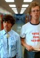 Two characters in a school hallway, one wearing a "Vote for Pedro" shirt, embodying humorous nostalgia reminiscent of prank calls.