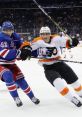 Intense NHL action as players from the Rangers and Flyers clash on the ice, showcasing the thrill of a slap shot moment.