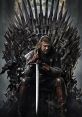 Ned Stark seated on the Iron Throne, wielding a sword, embodying the themes of power and honor in Game of Thrones.