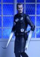 T-1000 action figure in police uniform, showcasing liquid metal arms and detailed police badge, inspired by Terminator 2.