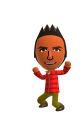 Cheerful Nintendo Mii character with spiky hair, wearing a red jacket and green pants, striking a fun pose.