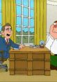 Peter Griffin humorously interacts with a caricature of George W. Bush in a comical office setting.