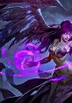 Dark sorceress conjuring purple magic, with ominous wings and a fierce expression, embodying mystical power and allure.