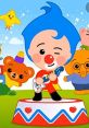 Plin Plin character with blue hair plays guitar surrounded by colorful animals, creating a fun, cheerful atmosphere.