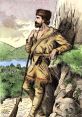 Daniel Boone in traditional frontier attire, leaning against a rock with a rifle, surrounded by lush greenery.