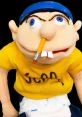 Jeffy puppet with a yellow shirt and blue cap, featuring a pencil in the mouth, showcasing playful character design.