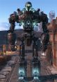 Liberty Prime stands tall in a post-apocalyptic world, showcasing its metallic structure and glowing features.