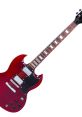 Cherry red electric guitar with a classic design, featuring dual pickups and bass boost controls for enhanced sound.