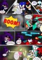 Epic showdown featuring Sonic characters, Mettaton from Undertale, and FNAF figures in a chaotic comic scene.