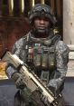 Sergeant Avery Johnson in military gear, holding a weapon, captures the essence of Halo's iconic character.