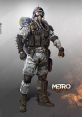 Detailed design of a Metro Last Light guard in tactical gear, featuring a gas mask, armor, and combat boots.