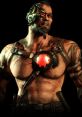 Fierce Mortal Kombat character with a cybernetic eye and muscular build, showcasing battle scars and a fiery chest emblem.