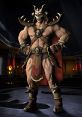 Shao Kahn from Mortal Kombat stands confidently in his iconic armor, exuding power and dominance in a dark arena setting.