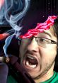 Markiplier shocked expression with colorful effects and smoke, showcasing his playful and humorous gaming persona.