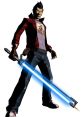 Travis Touchdown from No More Heroes, wielding a glowing katana, dressed in a red jacket and sunglasses.