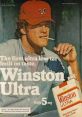 Winston Ultra cigarette advertisement highlighting low tar and unique taste, featuring a man in a baseball cap.