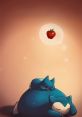 Two cartoon Snorlax resting peacefully, dreaming of a bright red apple, showcasing a whimsical and playful scene.