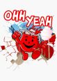 Excited red mascot joyfully running with "Ohh Yeahh" text, bursting through a wall, exuding fun and energy.