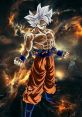 Goku transforms into Ultra Instinct, showcasing powerful muscles and iconic orange gi against a cosmic backdrop.