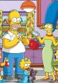 Homer and Marge Simpson smile in their colorful kitchen, surrounded by Maggie and Lisa, exemplifying classic cartoon family fun.