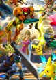 Iconic characters from Nintendo games unite, featuring Zelda, Cloud, Pikachu, and others in a vibrant showdown scene.