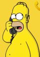 Homer Simpson on a prank call, talking animatedly on a vintage phone against a vibrant yellow background.