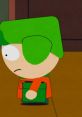 Kyle from South Park with green hat and orange jacket, holding a green backpack, looking thoughtful in the classroom.