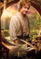 Bilbo Baggins stands by a window, overlooking the Shire, surrounded by maps and a cozy, inviting atmosphere.