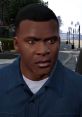 Franklin Clinton from GTA, displaying a serious expression, set against an urban backdrop with palm trees.