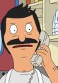 Bob Belcher on the phone, showcasing his trademark mustache, concerned expression in his family restaurant setting.