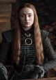 Sansa Stark displays a confident expression, wearing intricate attire, symbolizing her strength in a challenging environment.