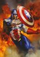 Captain America launches into action, showcasing his iconic shield amidst flames, embodying strength and heroism.