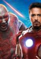 Drax and Iron Man face off in a colorful sci-fi scene, showcasing their iconic costumes and dynamic energy.