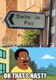 Sign pointing to "Swim in Poo," with a surprised cartoon character reacting, humorously questioning the activity's cleanliness.