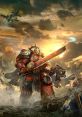 Heroic Space Marine in red armor wielding a chainsword and blaster, set against a war-torn sunset in Warhammer 40k universe.