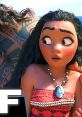 Moana looks surprised, featuring her signature braid and necklace, with a vivid ocean backdrop and Maui nearby.