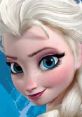 Close-up of Elsa from Frozen, showcasing her iconic icy blue eyes and elegant hairstyle against a cool, shimmering background.