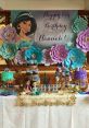 Aladdin-themed birthday party for Hannah, featuring Jasmine decorations and colorful desserts celebrating her 6th birthday.